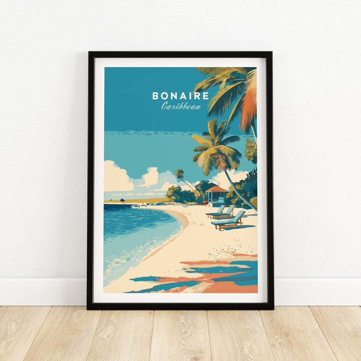 Bonaire Caribbean serene beach poster featuring a tranquil island scene with palm trees and a sandy shore.