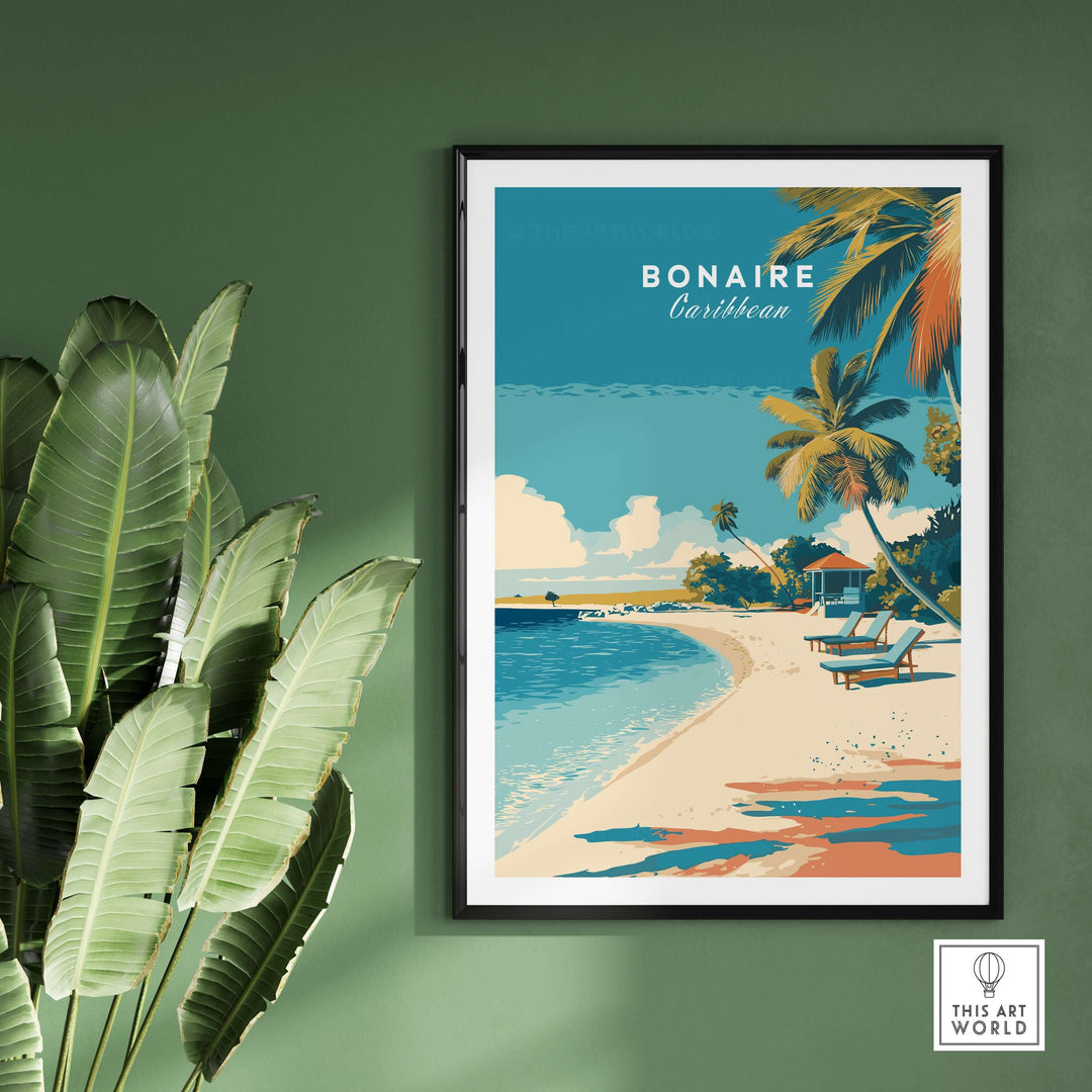 Bonaire Caribbean beach poster showcasing a serene tropical scene with palm trees and lounge chairs.