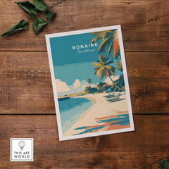Bonaire Caribbean Serene Beach Poster - Relaxing Island Wall Art featuring a tranquil beach scene with palm trees.