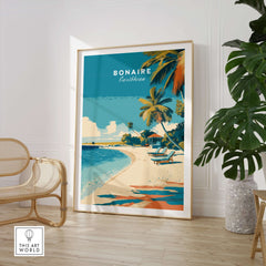 Bonaire Caribbean Serene Beach Poster - Relaxing Island Wall Art displayed in a bright room with tropical decor.