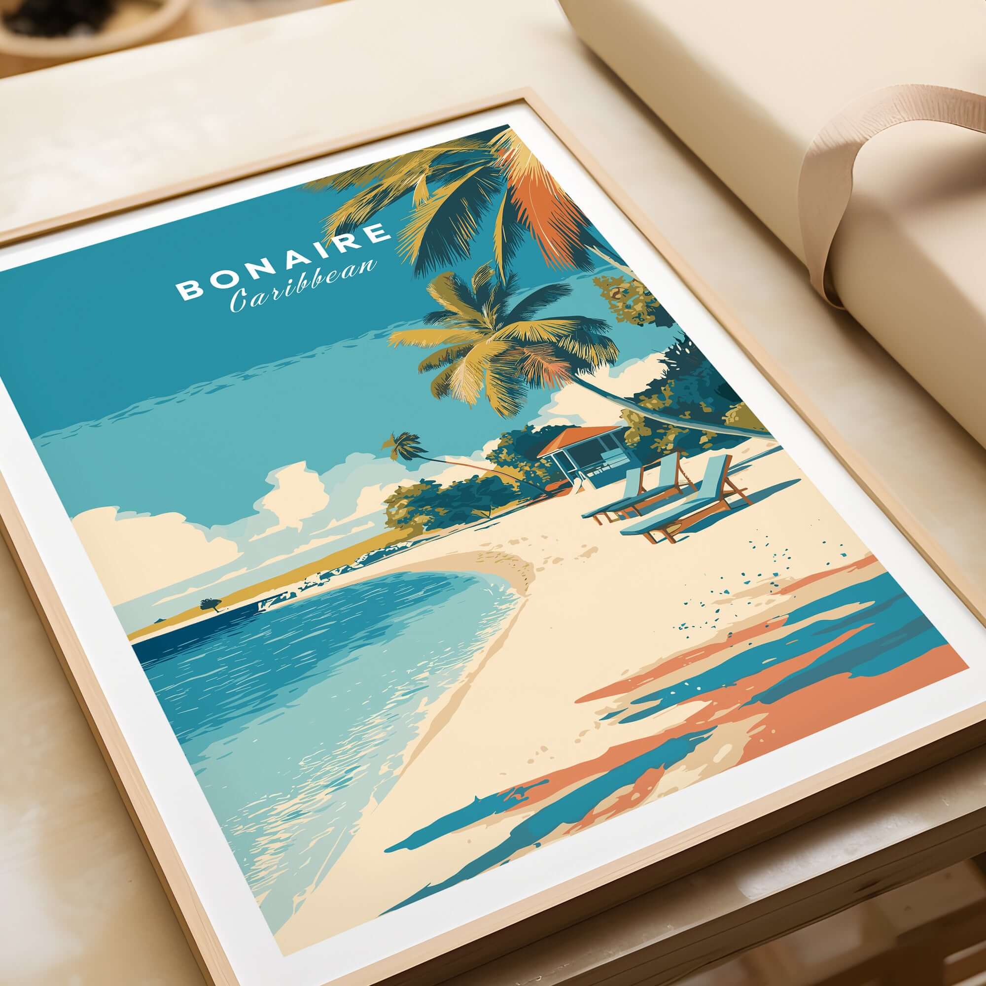 Bonaire Caribbean Serene Beach Poster - Relaxing Island Wall Art showcasing a tranquil beach scene with palm trees.