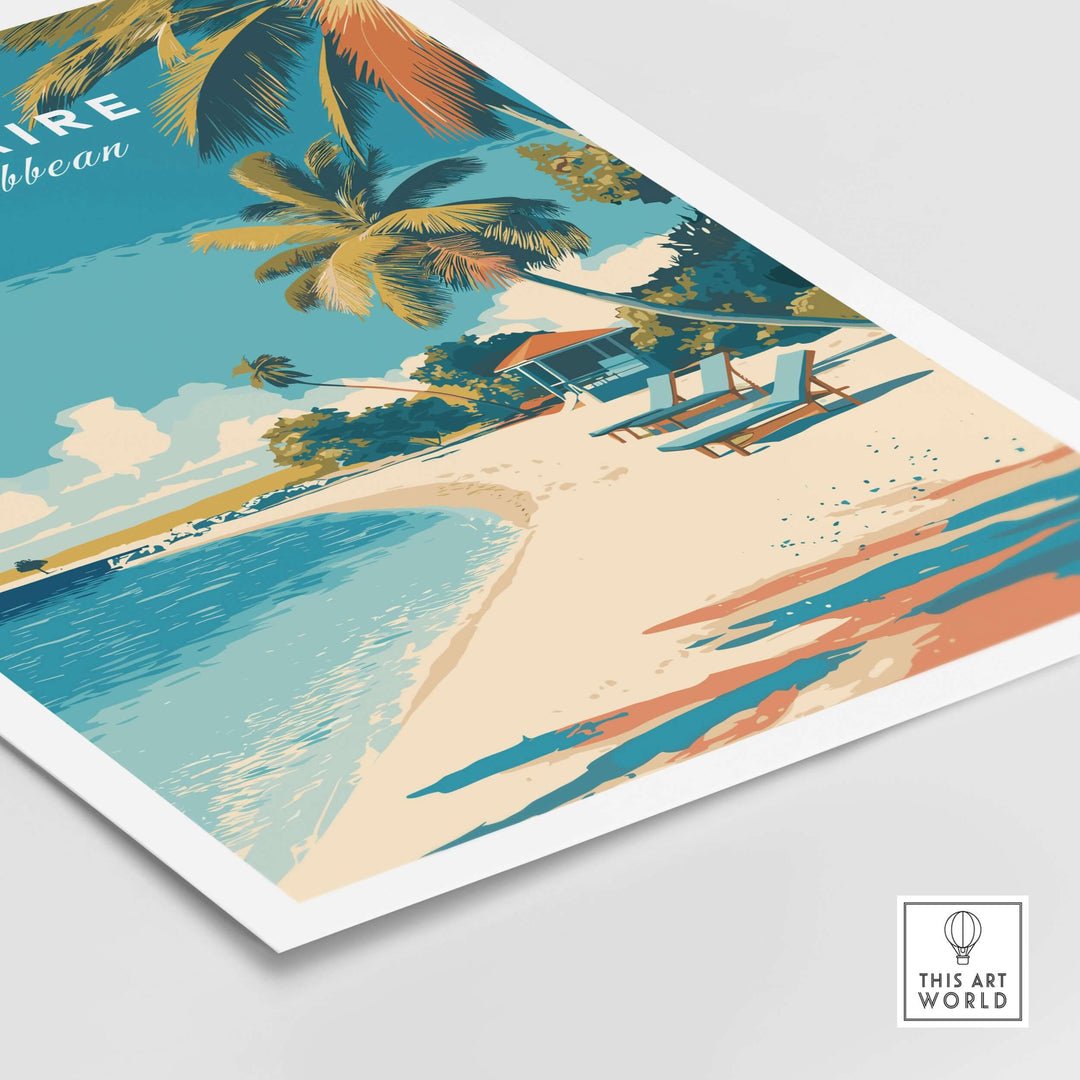 Bonaire Caribbean serene beach poster featuring a tranquil island scene with palm trees and lounge chairs.