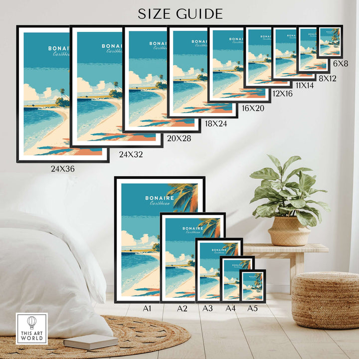 Bonaire Caribbean beach poster size guide showing various frame sizes for relaxing island wall art.
