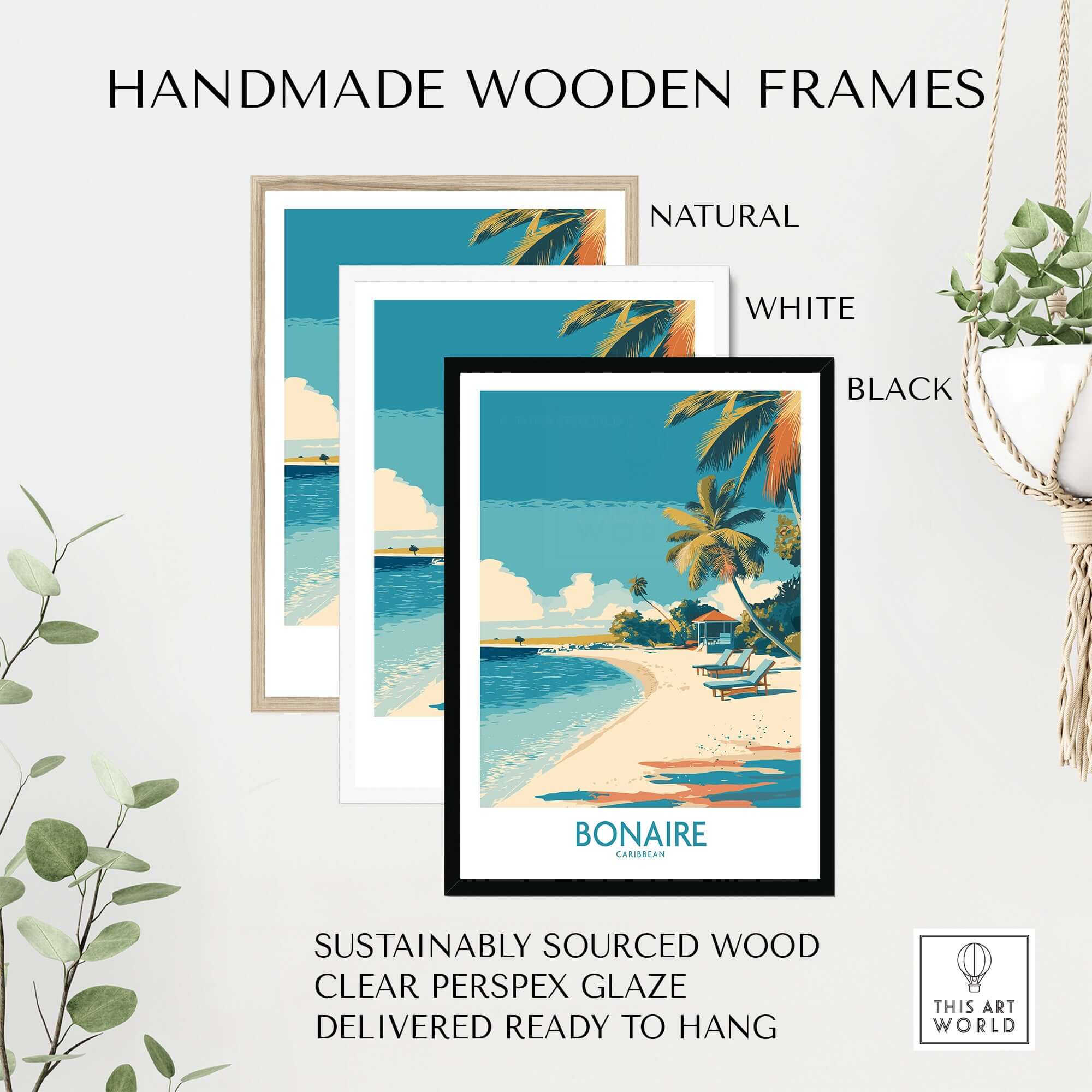 Bonaire Coastal Beach Print - Tropical Paradise Decor framed in natural, white, and black handmade wooden frames.