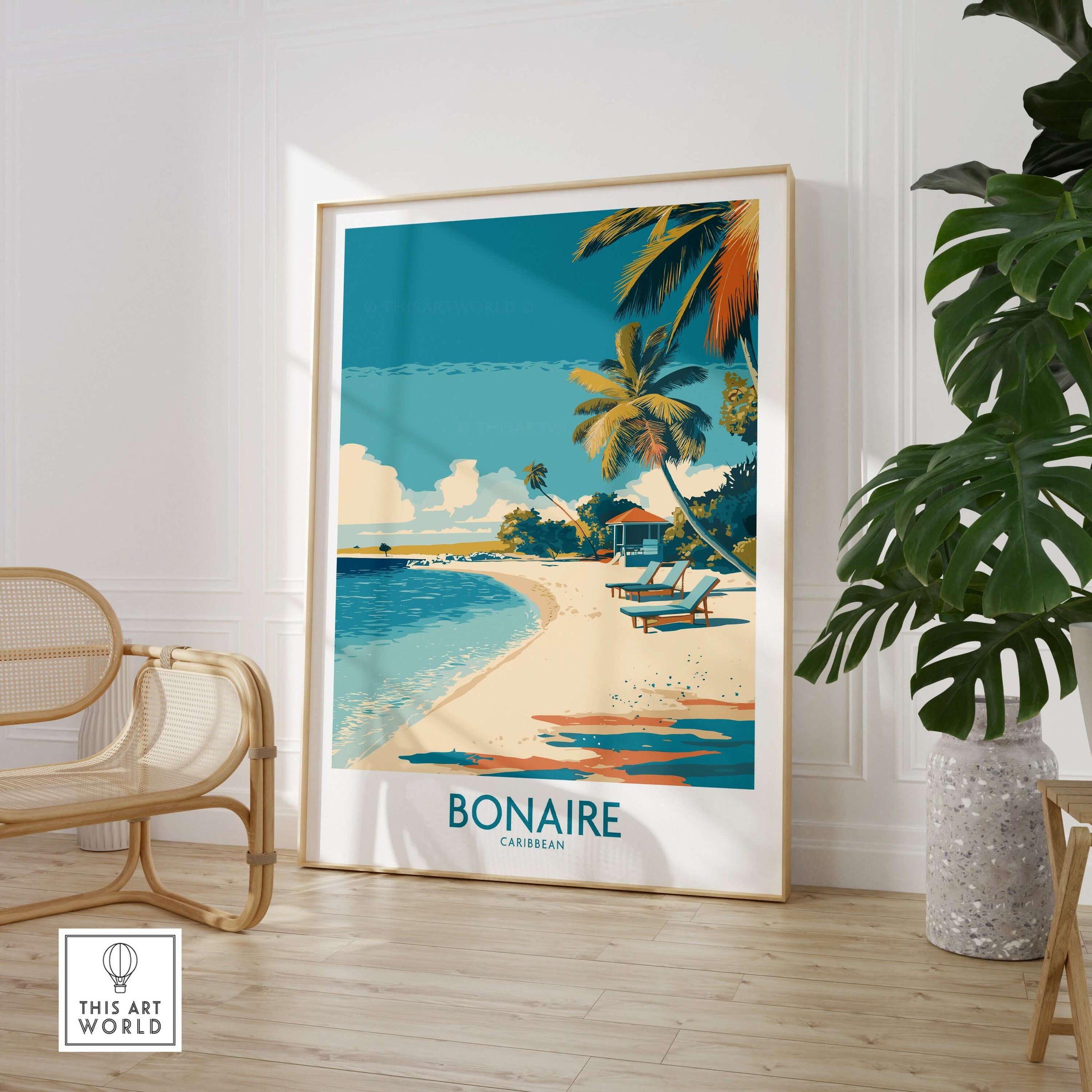 Bonaire Coastal Beach Print - Tropical Paradise Decor featuring a serene beach view with palm trees and lounge chairs.