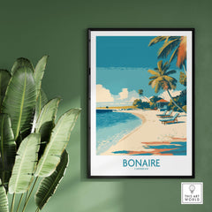 Bonaire Coastal Beach Print - Tropical Paradise Decor showcasing a serene beach scene and tropical elements.