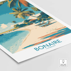 Bonaire Coastal Beach Print - Tropical Paradise Decor showcasing a serene beach scene with palm trees and lounge chairs.