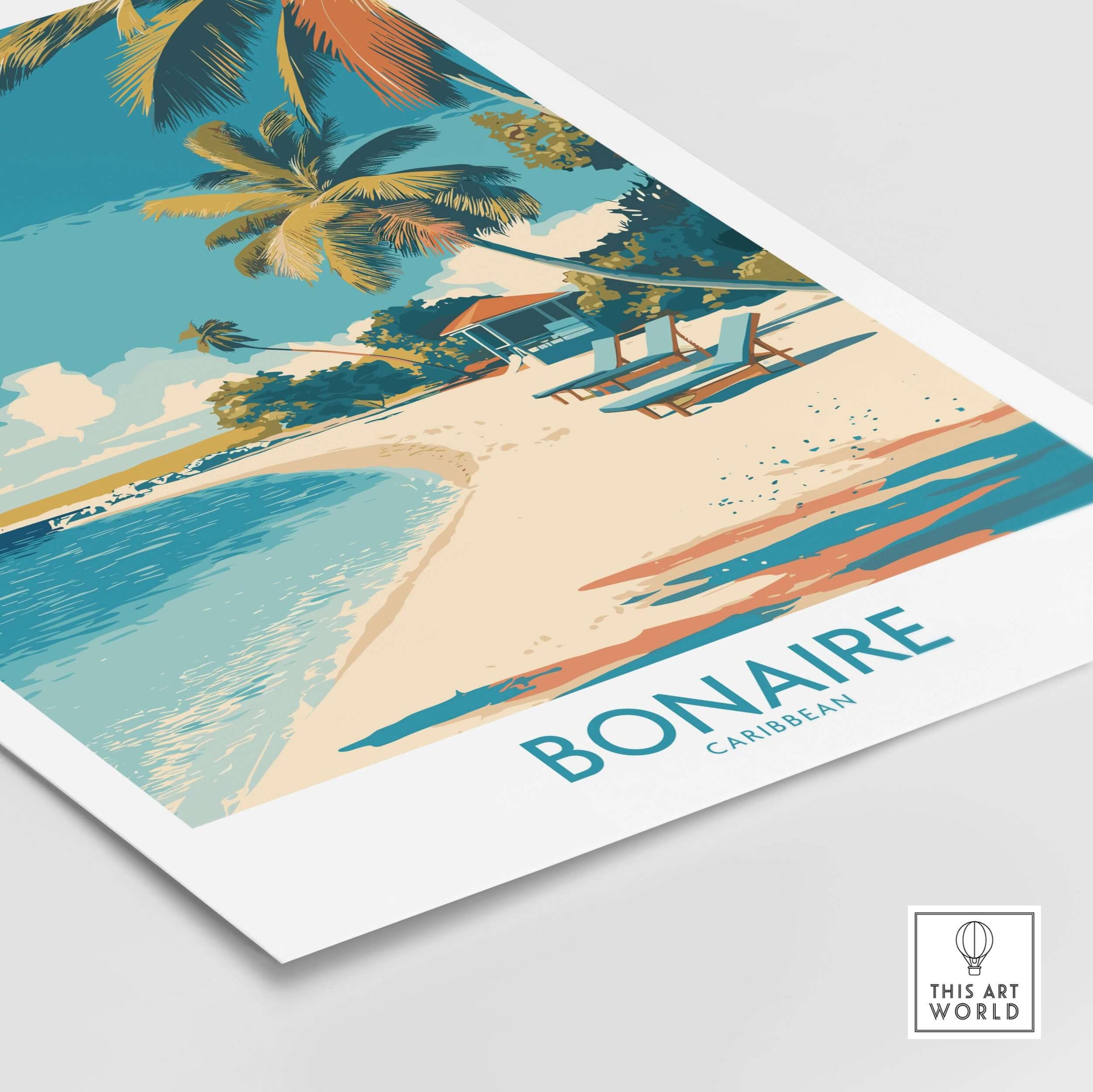 Bonaire Coastal Beach Print - Tropical Paradise Decor showcasing a serene beach scene with palm trees and lounge chairs.