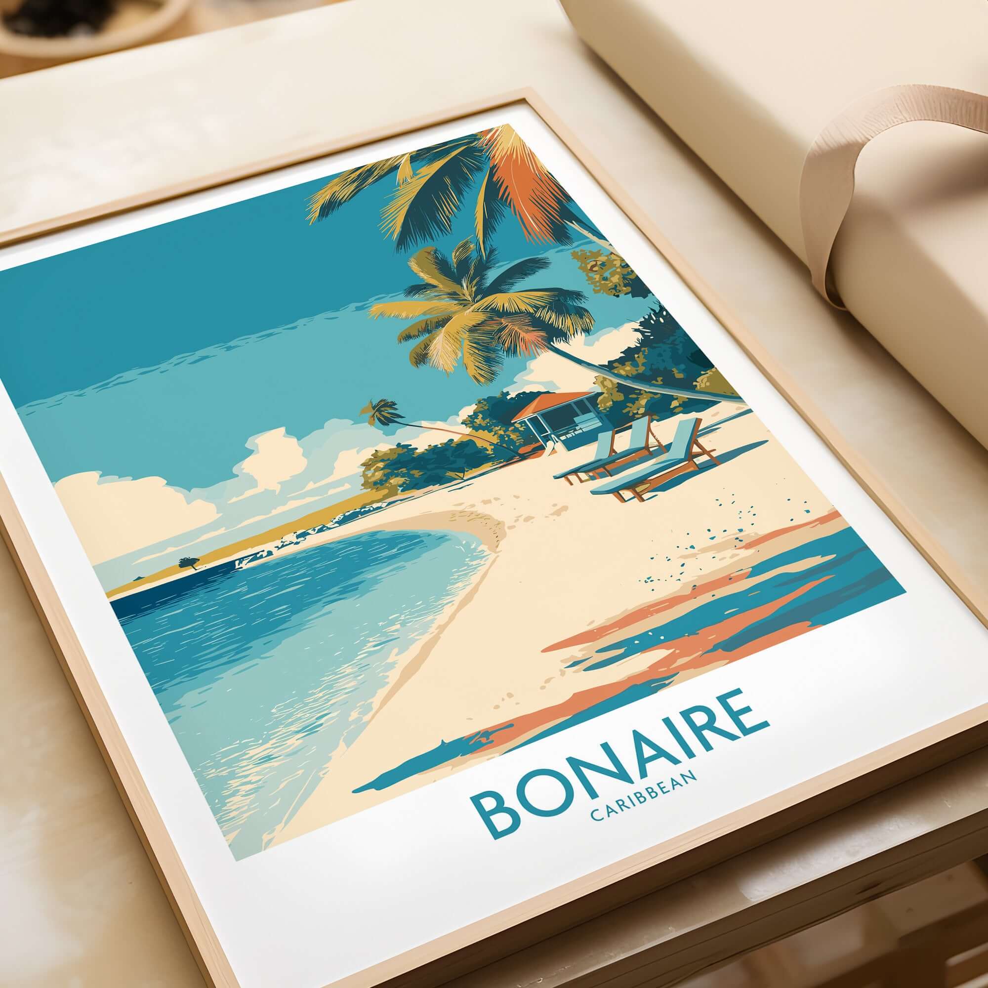 Bonaire Coastal Beach Print - Tropical Paradise Decor showcasing a vibrant coastal scene with palm trees and beach.