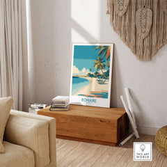 Bonaire Coastal Beach Print - Tropical Paradise Decor displayed in a stylish living room with natural elements.