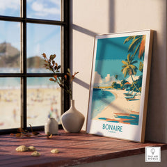 Bonaire Coastal Beach Print - Tropical Paradise Decor displayed on a wooden table near a window.