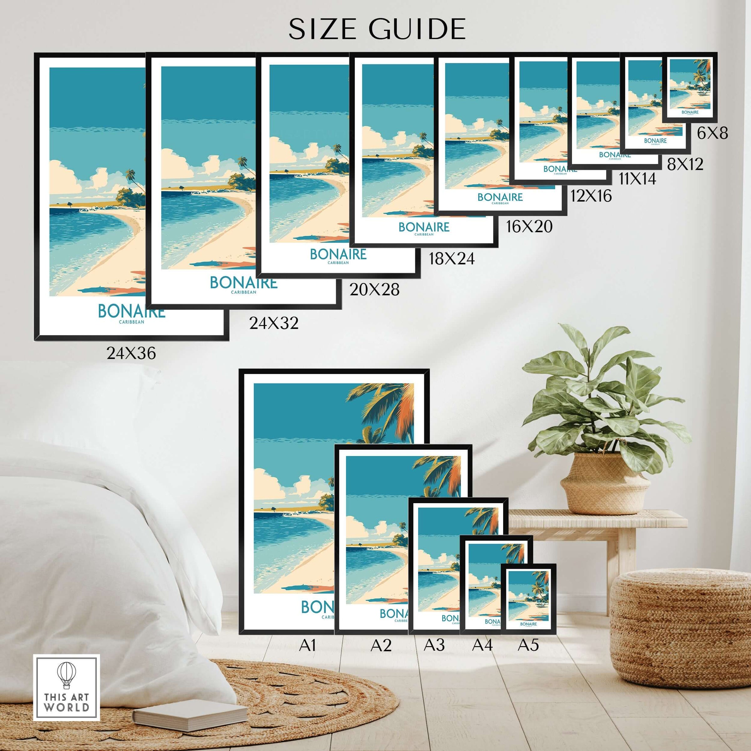 Bonaire Coastal Beach Print - Tropical Paradise Decor size guide showcasing various frame sizes.