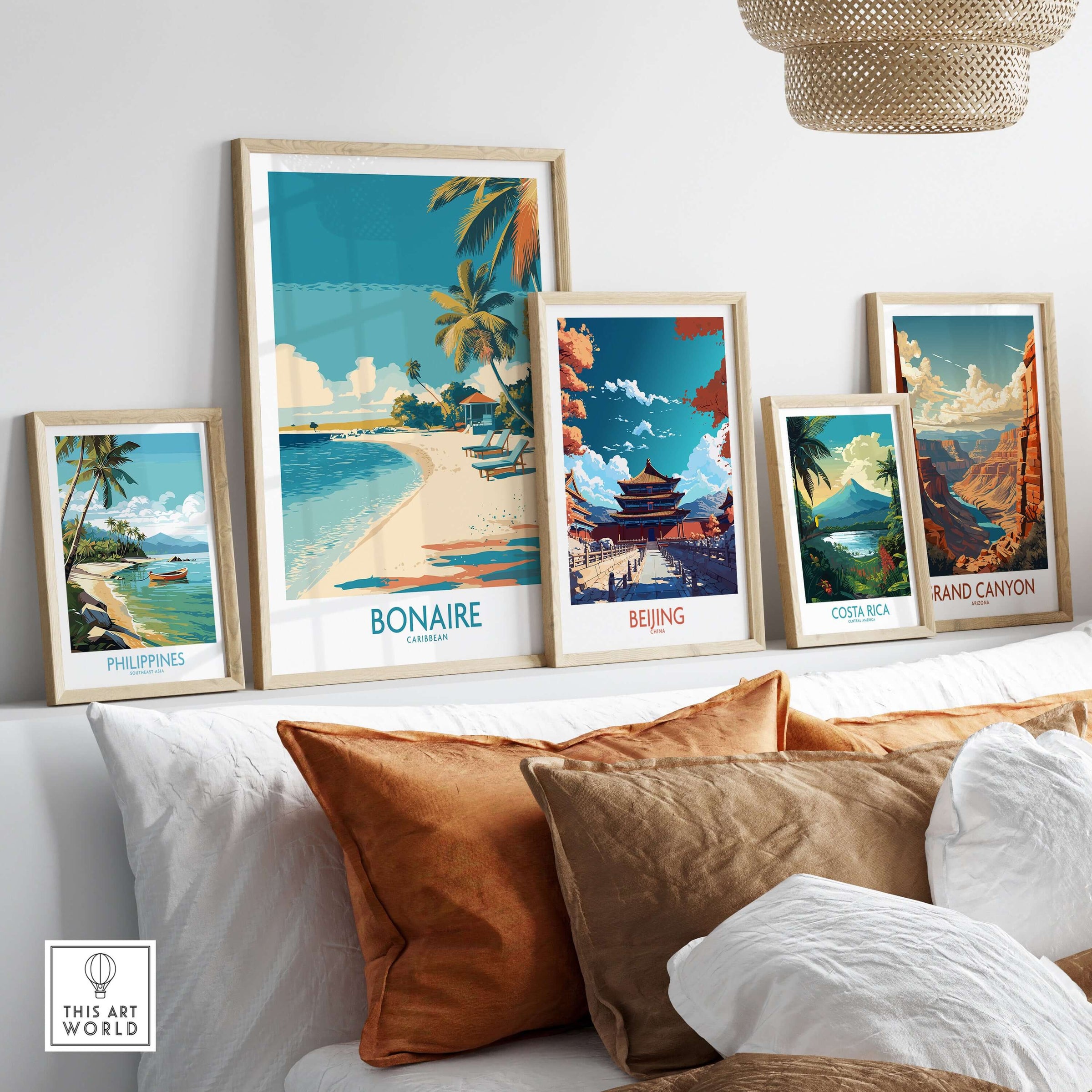 Bonaire Coastal Beach Print - Tropical Paradise Decor displayed in a stylish living room with framed art.