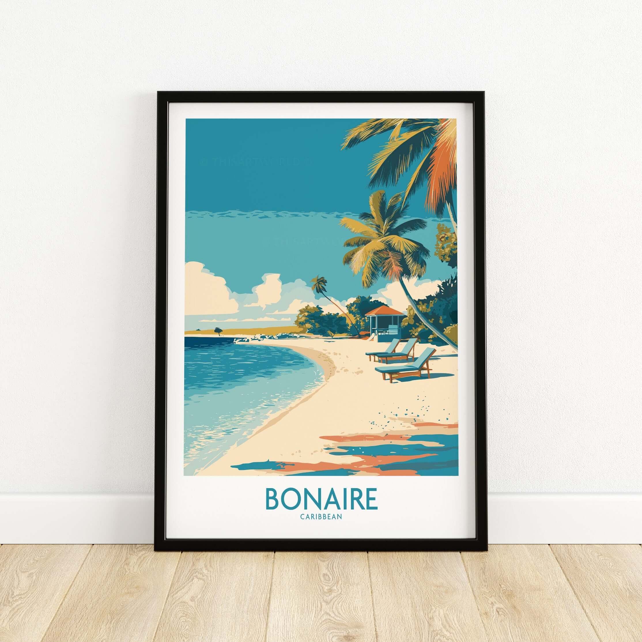 Bonaire Coastal Beach Print - Tropical Paradise Decor showcasing a peaceful beach scene with palm trees.