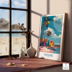 Bonaire Island Life Wall Art - Caribbean Coastal Scene Decor framed by window with tropical beach view.