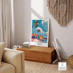Bonaire Island Life Wall Art - Caribbean Coastal Scene Decor displayed in a cozy living room setting.