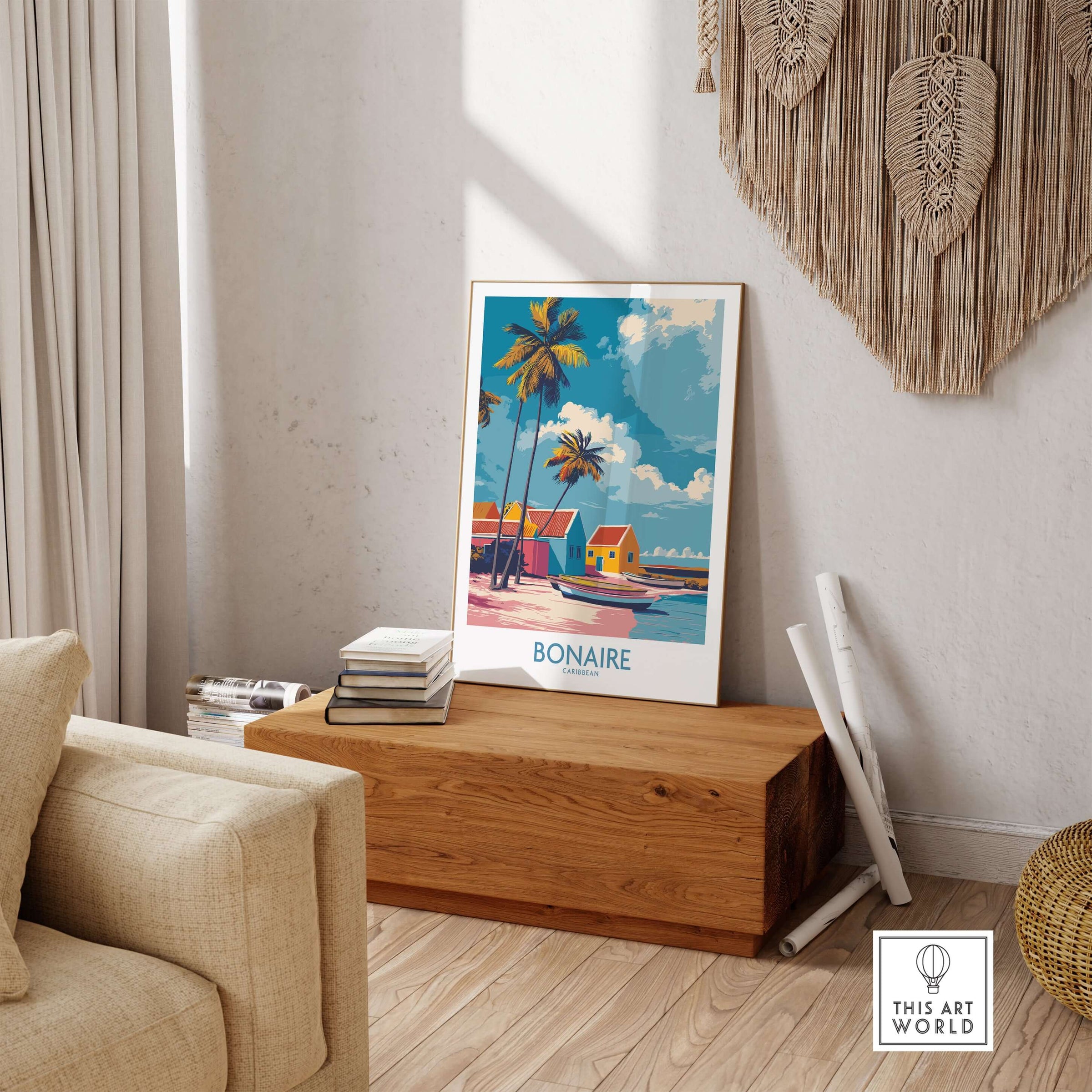 Bonaire Island Life Wall Art - Caribbean Coastal Scene Decor displayed in a cozy living room setting.
