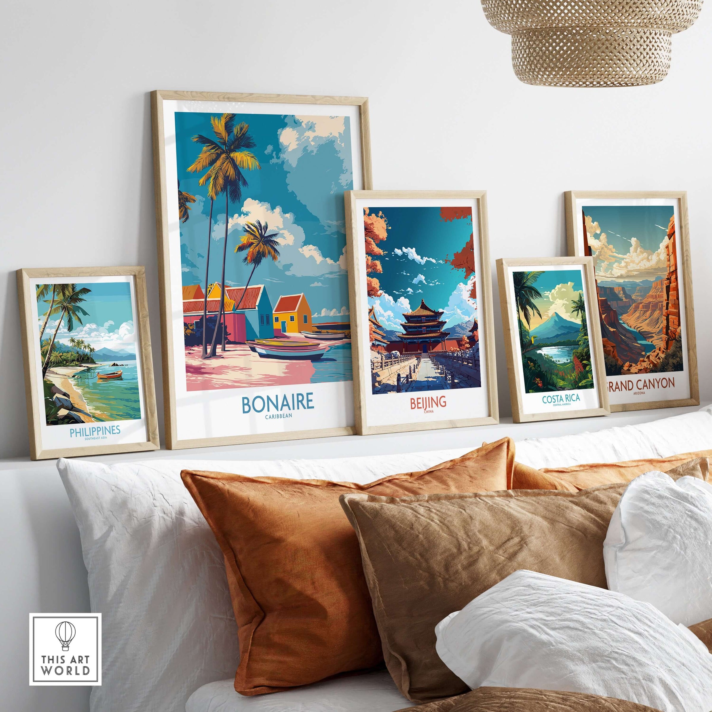 Bonaire Island Life Wall Art - Caribbean Coastal Scene Decor displayed with other travel-themed art pieces.