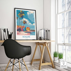 Bonaire Island Life Wall Art - Caribbean Coastal Scene Decor displayed in a modern workspace with stylish furniture.