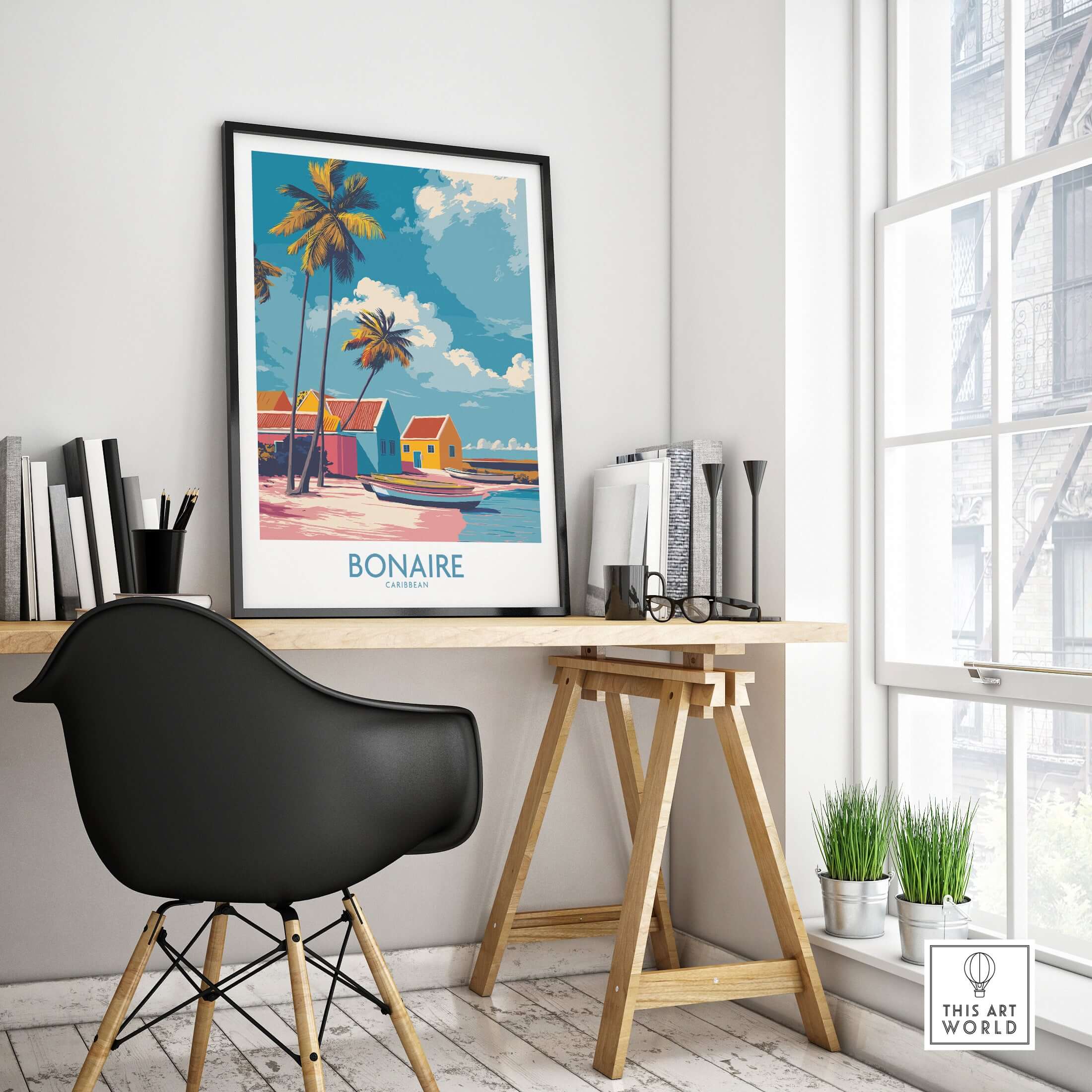 Bonaire Island Life Wall Art - Caribbean Coastal Scene Decor displayed in a modern workspace with stylish furniture.