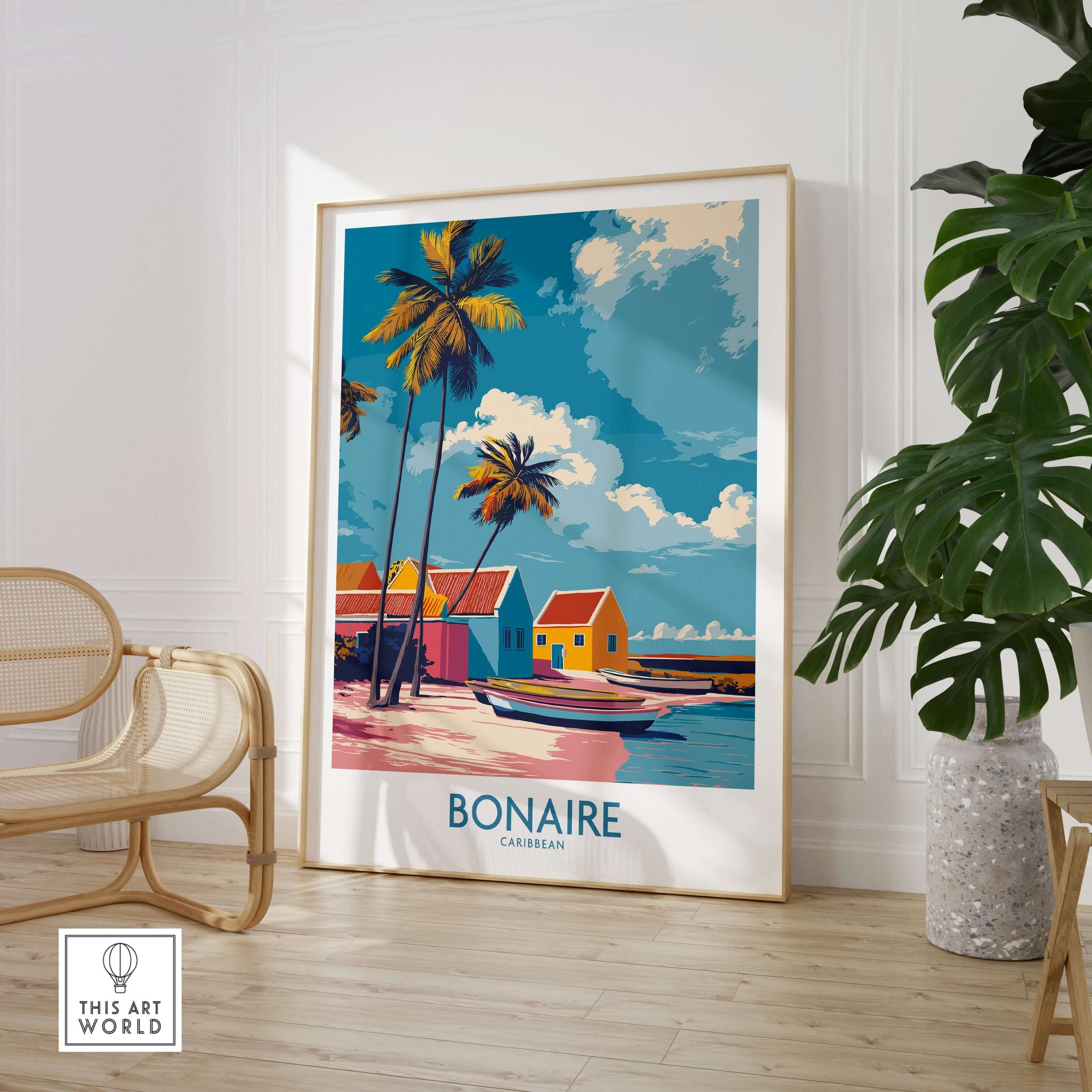 Bonaire Island Life Wall Art - Caribbean Coastal Scene Decor showcasing vibrant beach houses and palm trees.