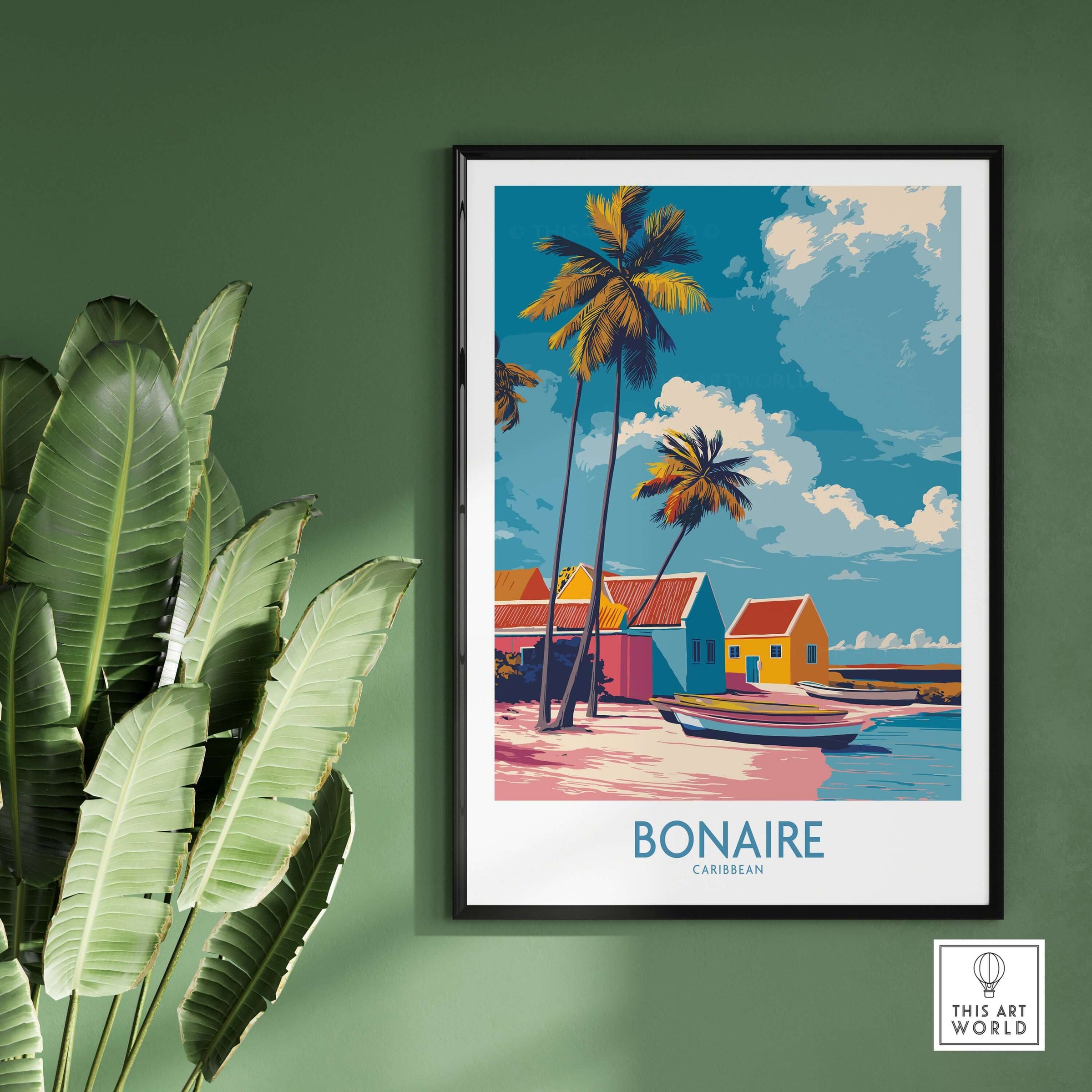 Bonaire Island Life Wall Art - Caribbean Coastal Scene Decor with vibrant colors and palm trees.