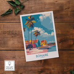 Bonaire Island Life Wall Art - Caribbean Coastal Scene Decor featuring colorful houses and palm trees on the beach.