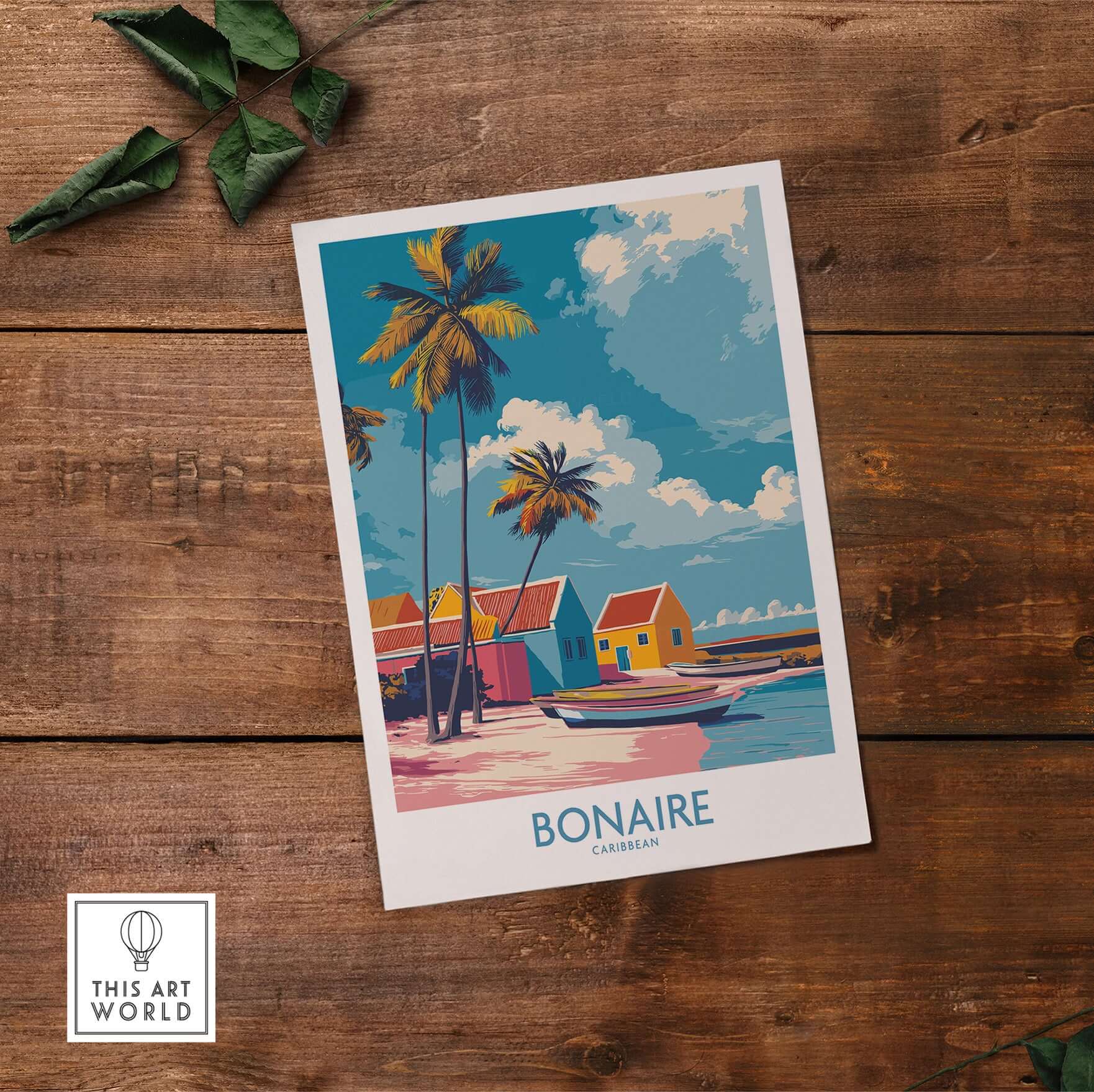 Bonaire Island Life Wall Art - Caribbean Coastal Scene Decor featuring colorful houses and palm trees on the beach.