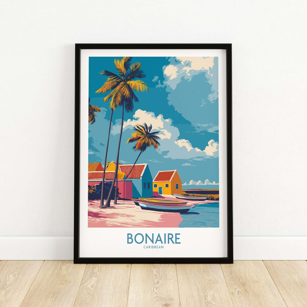Bonaire Island Life wall art featuring colorful houses and palm trees by the Caribbean coast.