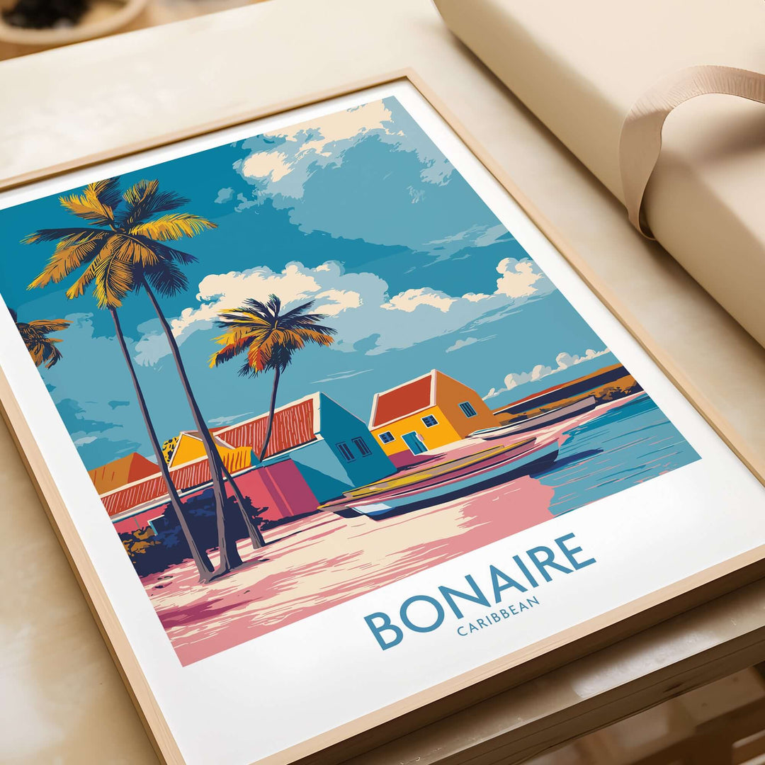 Bonaire Island Life Wall Art showcasing vibrant Caribbean coastal scene with colorful homes and palm trees.