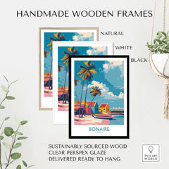 Bonaire Island Life Wall Art - Caribbean Coastal Scene Decor in handmade wooden frames, natural, white, and black options.