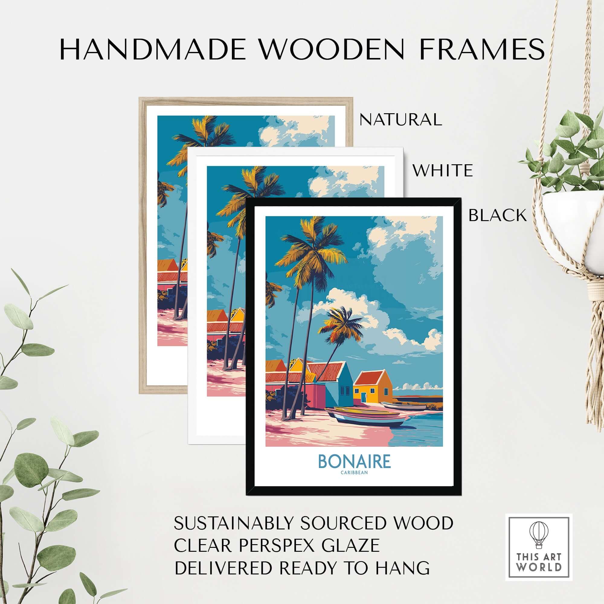 Bonaire Island Life Wall Art - Caribbean Coastal Scene Decor in handmade wooden frames, natural, white, and black options.