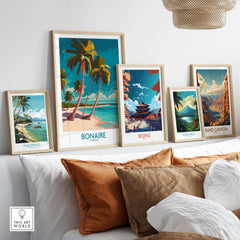 Bonaire Seascape Travel Poster - Exotic Island Decor displayed with other travel posters on a stylish living room wall.