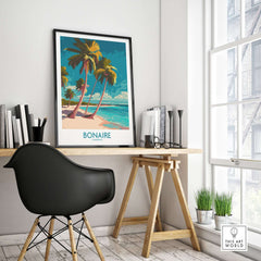 Bonaire Seascape Travel Poster - Exotic Island Decor showcasing vibrant tropical palm trees and serene beach scene in stylish interior.