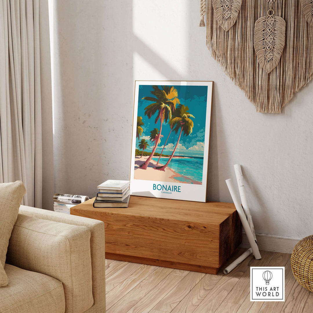 Bonaire seascape travel poster featuring palm trees and vibrant tropical colors in a stylish living room setting.