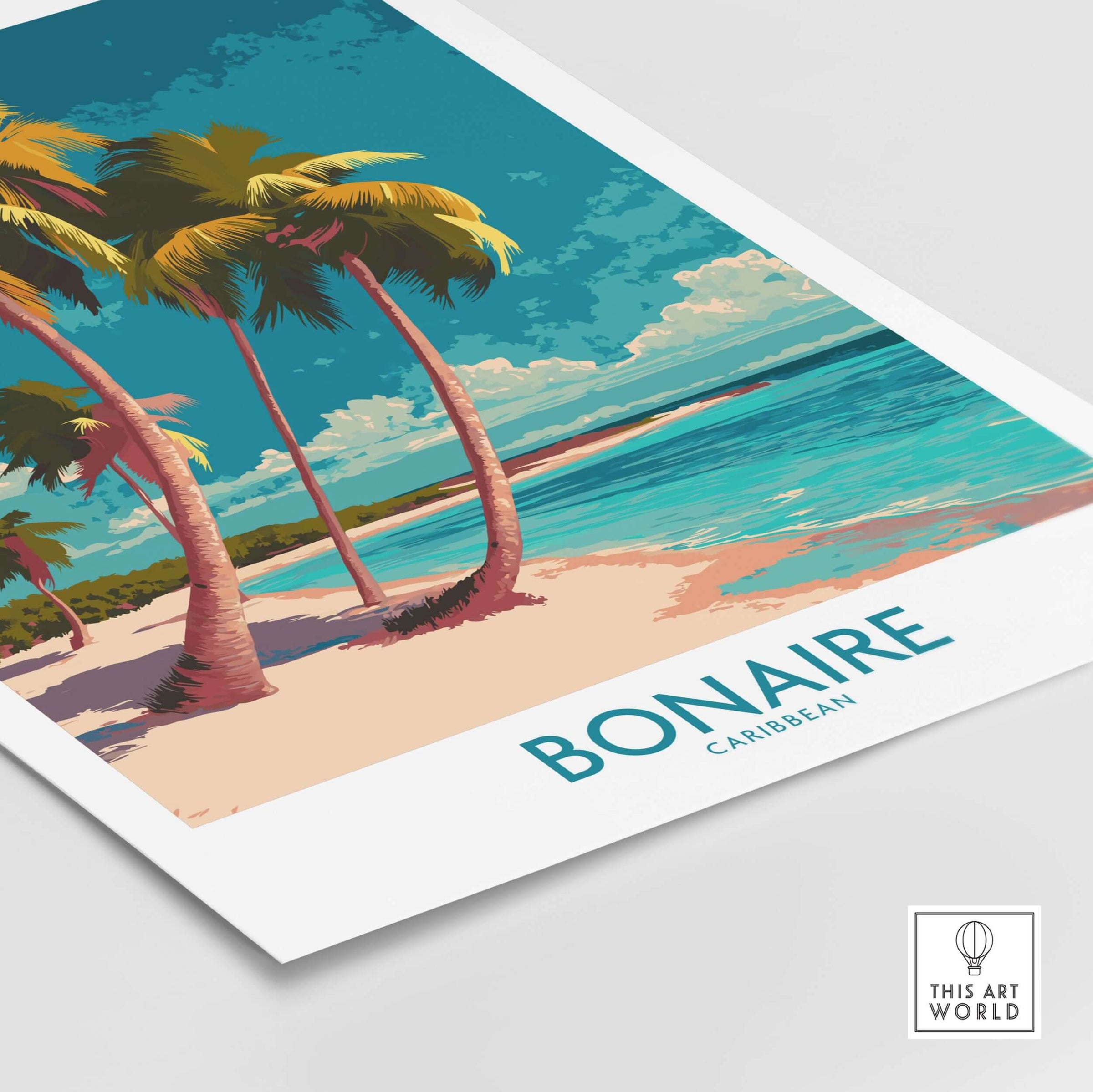 Bonaire Seascape Travel Poster - Exotic Island Decor featuring vibrant colors and beach scene with palm trees.