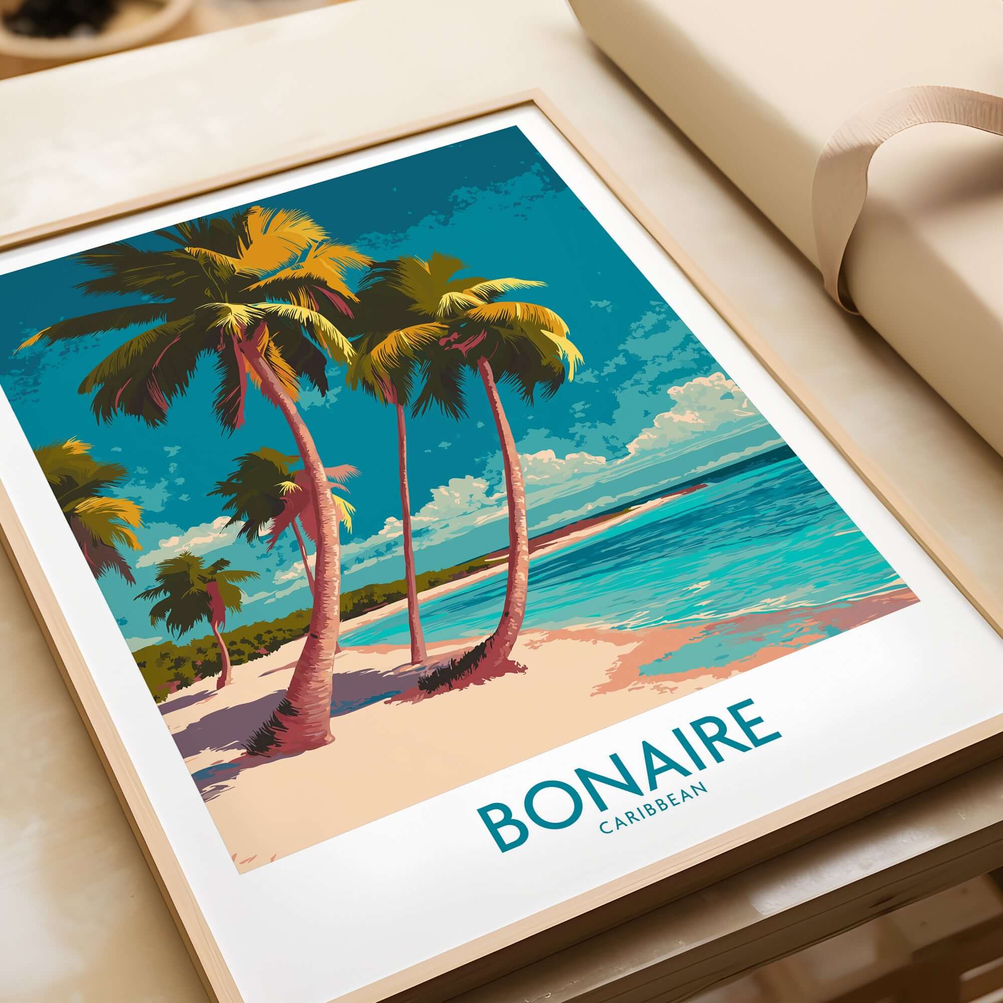 Bonaire Seascape Travel Poster - Exotic Island Decor featuring palm trees and a beach scene.