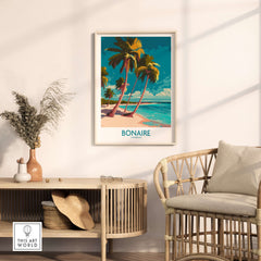 Bonaire Seascape Travel Poster - Exotic Island Decor displayed in a stylish living room setting.