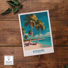 Bonaire Seascape Travel Poster - Exotic Island Decor showcasing palm trees and vibrant ocean colors on a tropical beach.