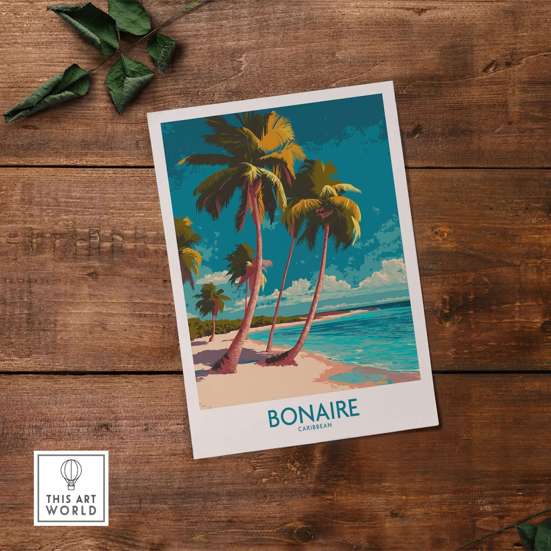 Bonaire Seascape Travel Poster - Exotic Island Decor showcasing palm trees and vibrant ocean colors on a tropical beach.