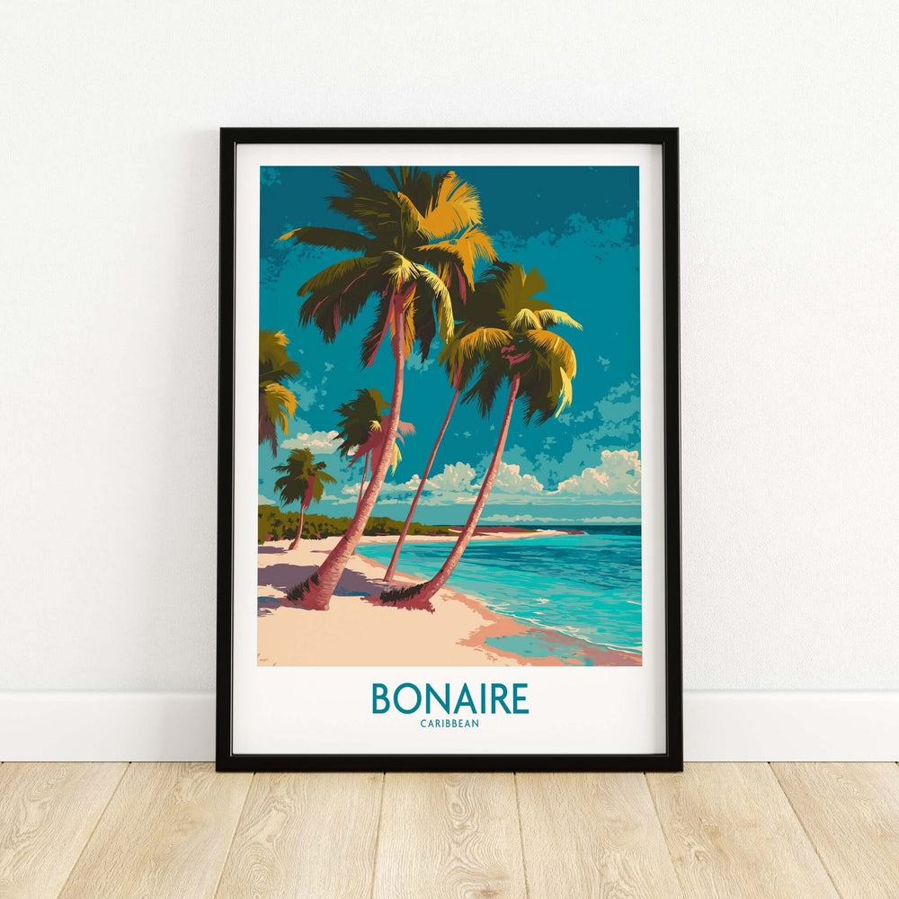Bonaire seascape travel poster featuring palm trees and vibrant ocean colors, perfect for exotic island decor.
