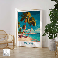 Bonaire Seascape Travel Poster - Exotic Island Decor featuring palm trees and a scenic beach view.