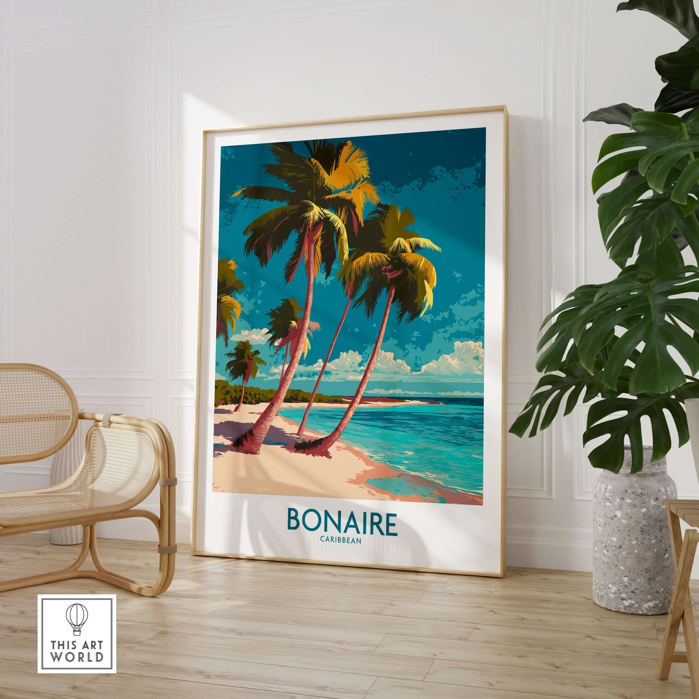 Bonaire Seascape Travel Poster - Exotic Island Decor featuring palm trees and a scenic beach view.