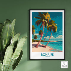 Bonaire Seascape Travel Poster - Exotic Island Decor featuring palm trees and beach scene.