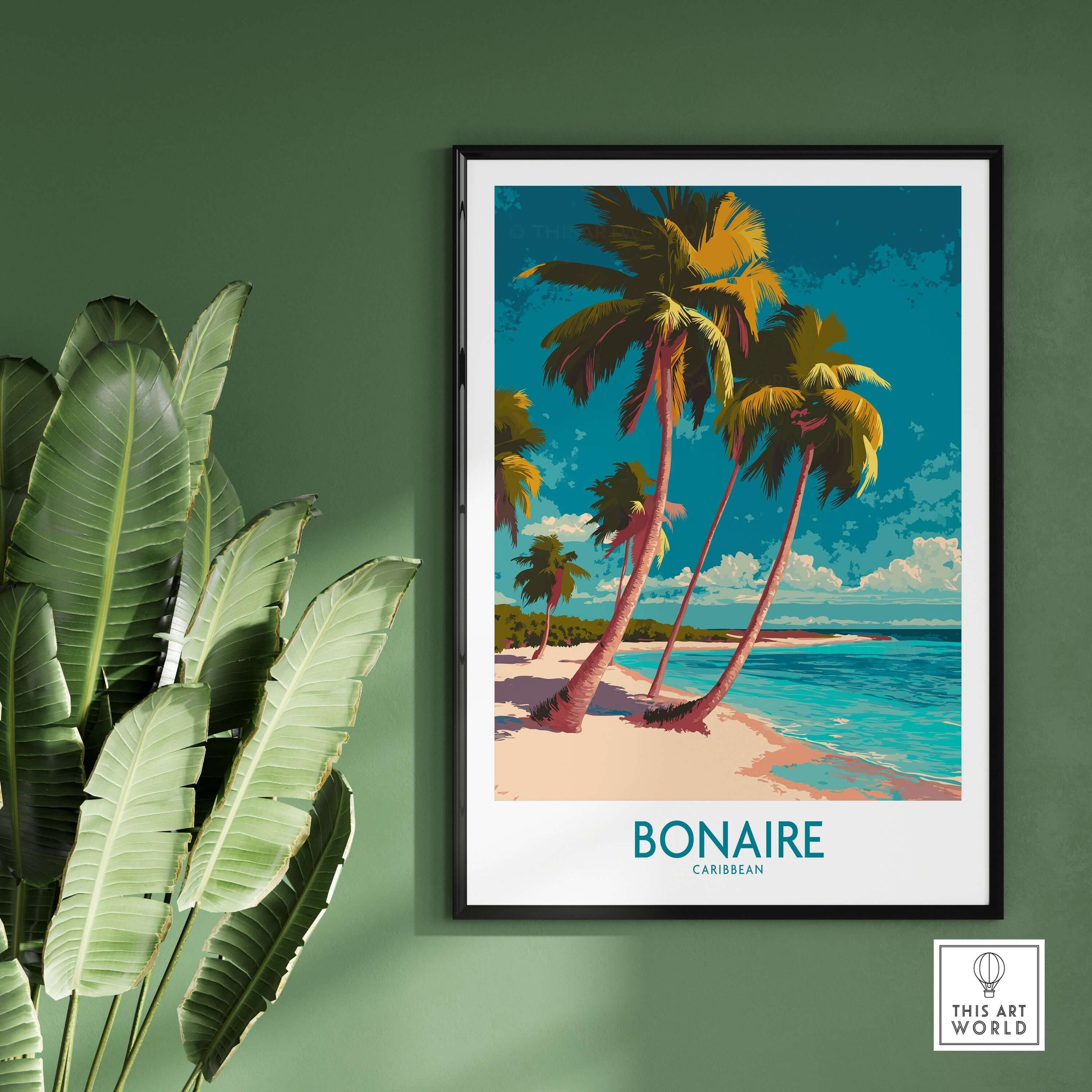 Bonaire Seascape Travel Poster - Exotic Island Decor featuring palm trees and beach scene.