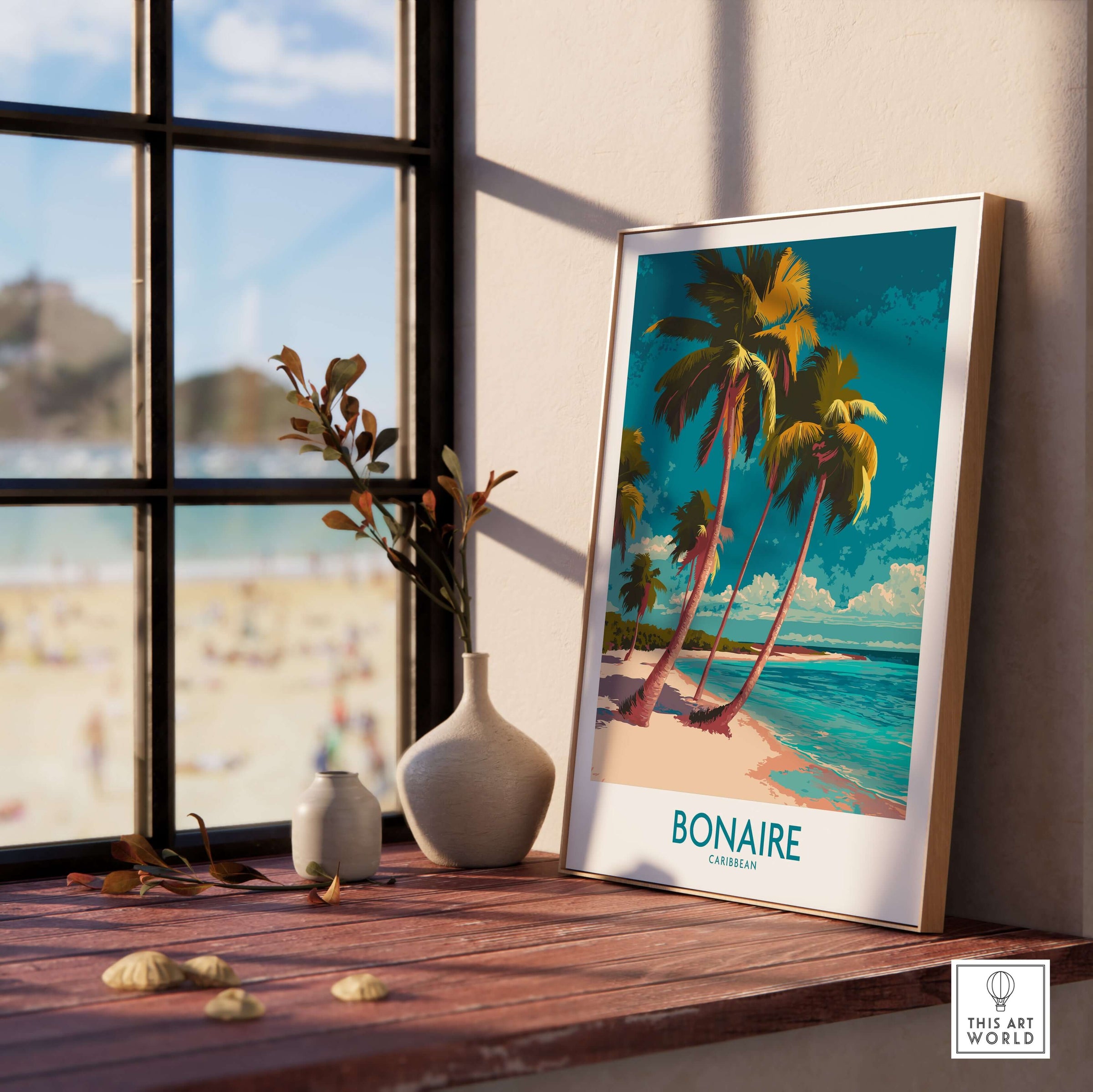 Bonaire Seascape Travel Poster - Exotic Island Decor displayed on a wooden table near a window.