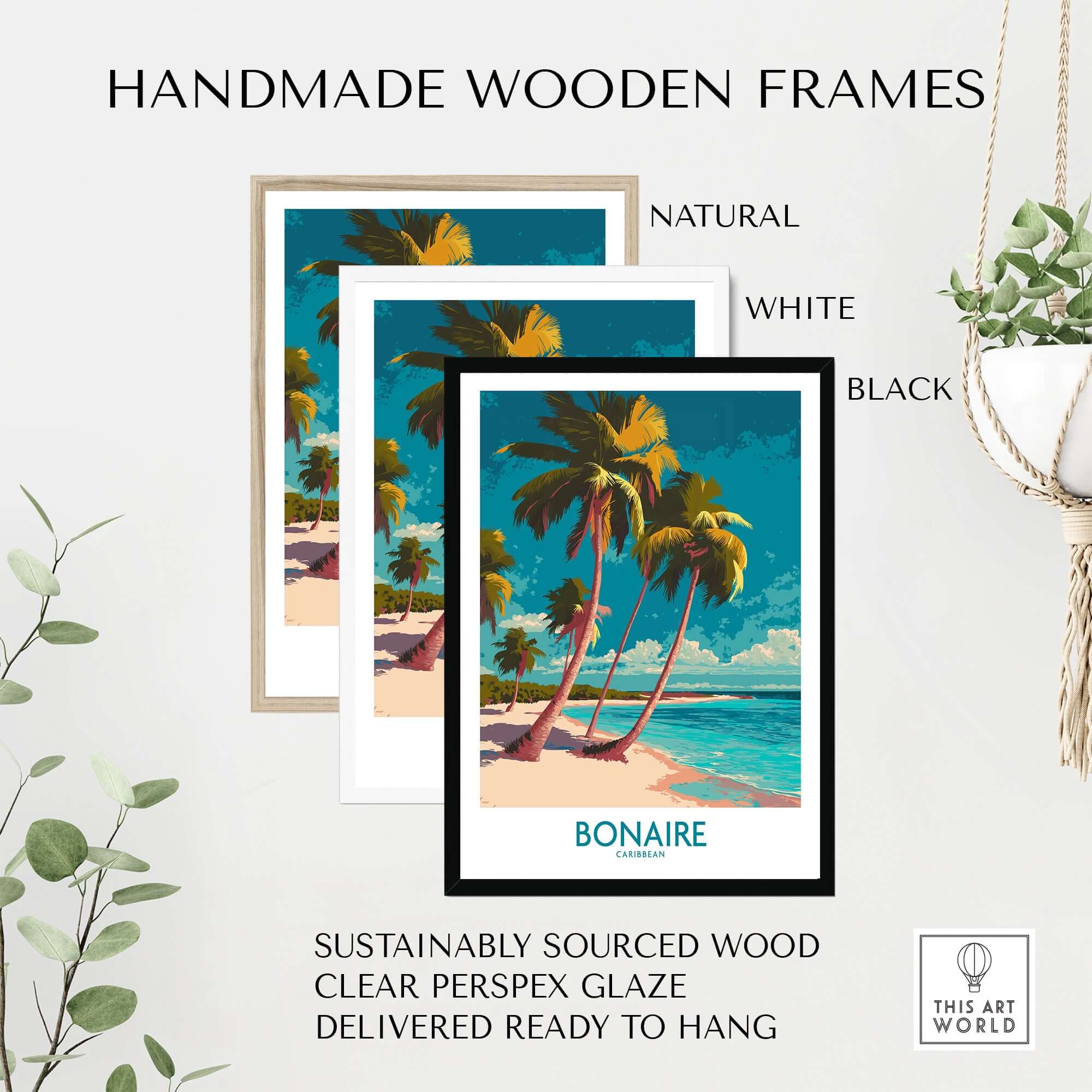 Bonaire Seascape Travel Poster - Exotic Island Decor displayed in handmade wooden frames in natural, white, and black.