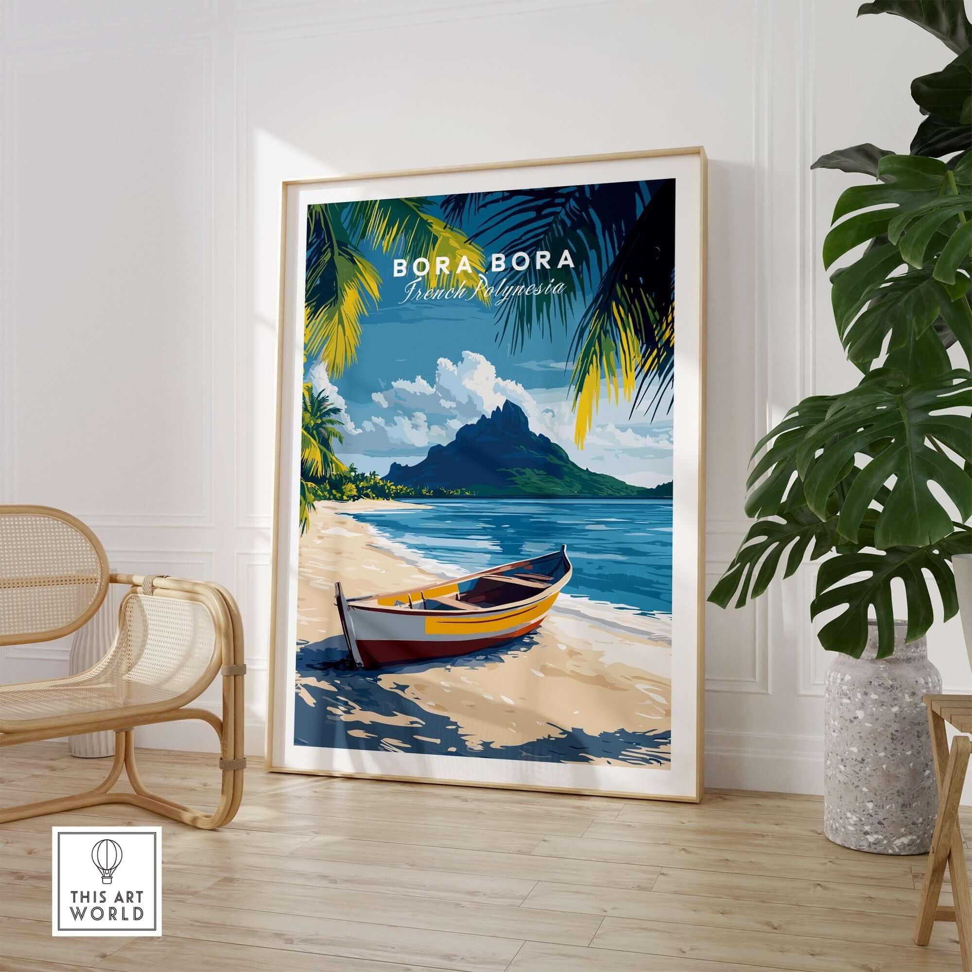 Bora Bora Art Print featuring a tranquil beach scene and colorful boat, ideal for home decor and tropical escape.