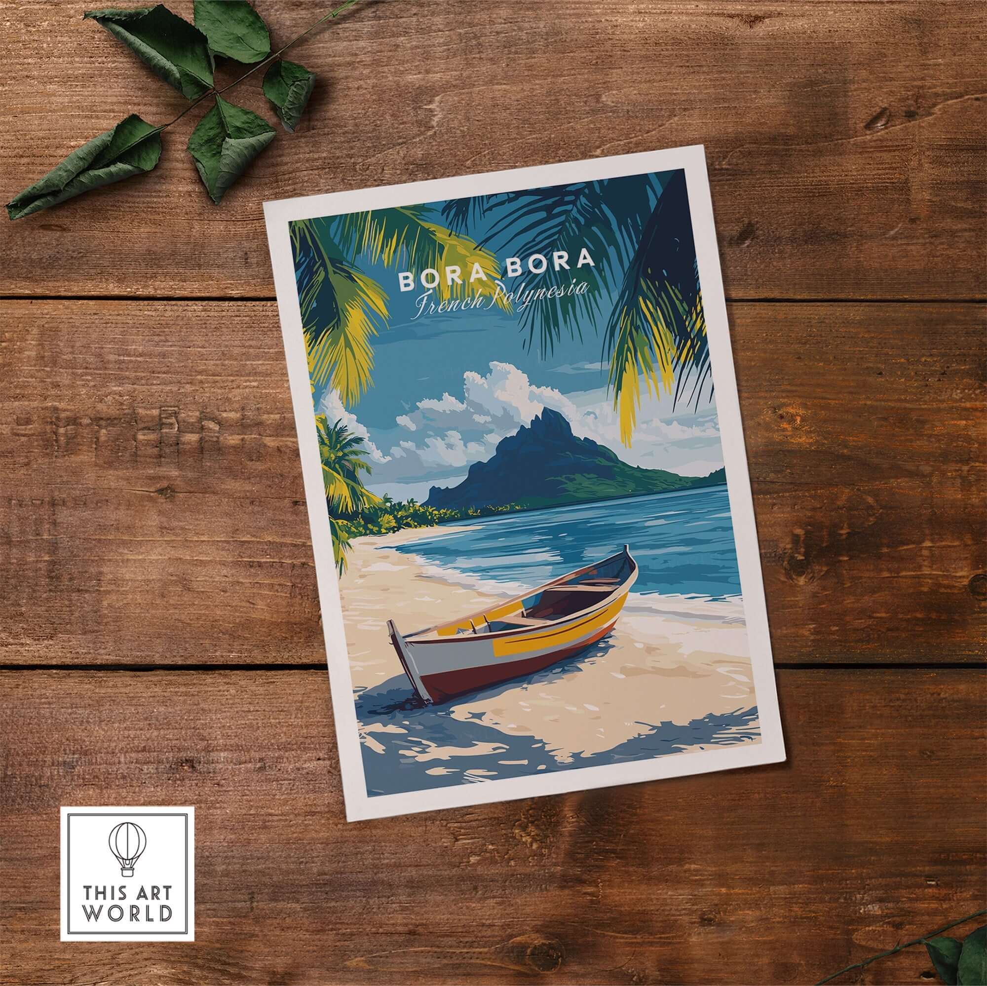 Bora Bora Art Print showcasing a stunning beach scene with a colorful boat under palm trees.
