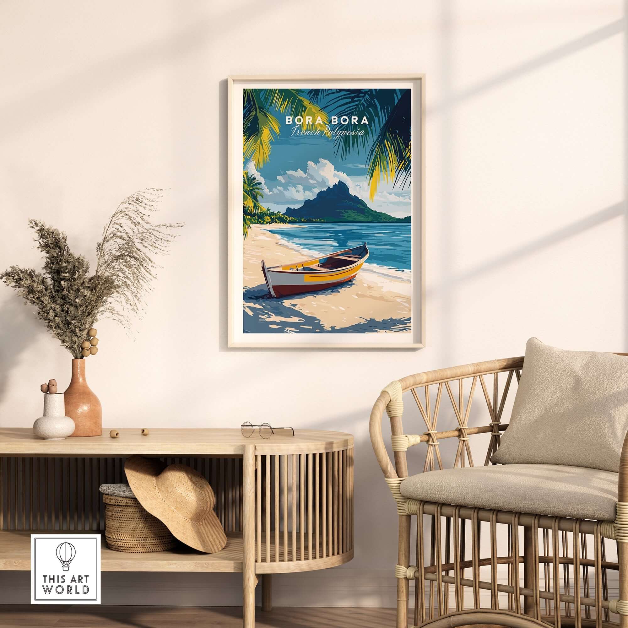 Bora Bora Art Print featuring a serene beach scene with a boat and tropical landscape, perfect for home decor.